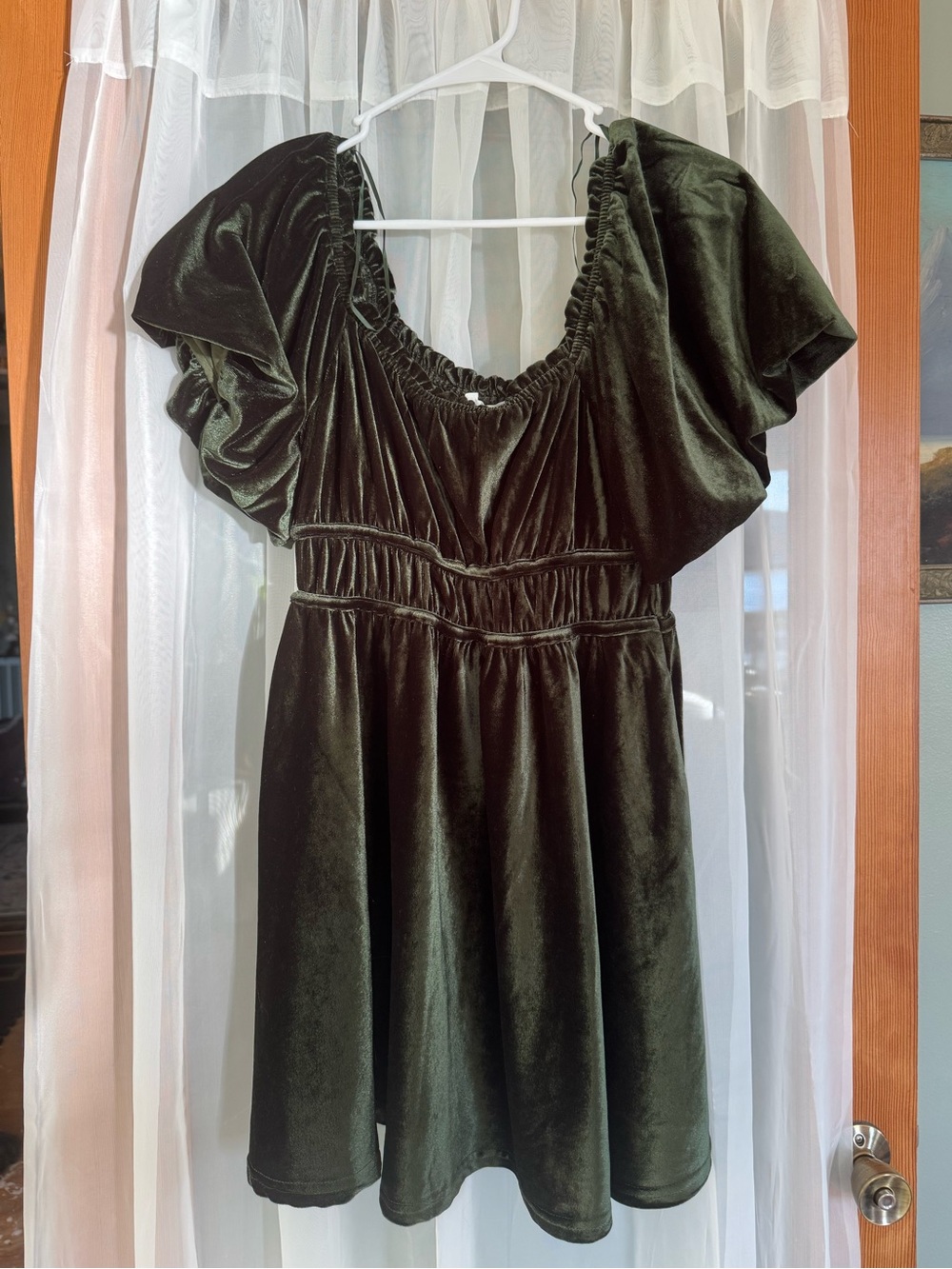 Altar’d State Velvet Puff-Sleeve Mini Dress in Deep Olive